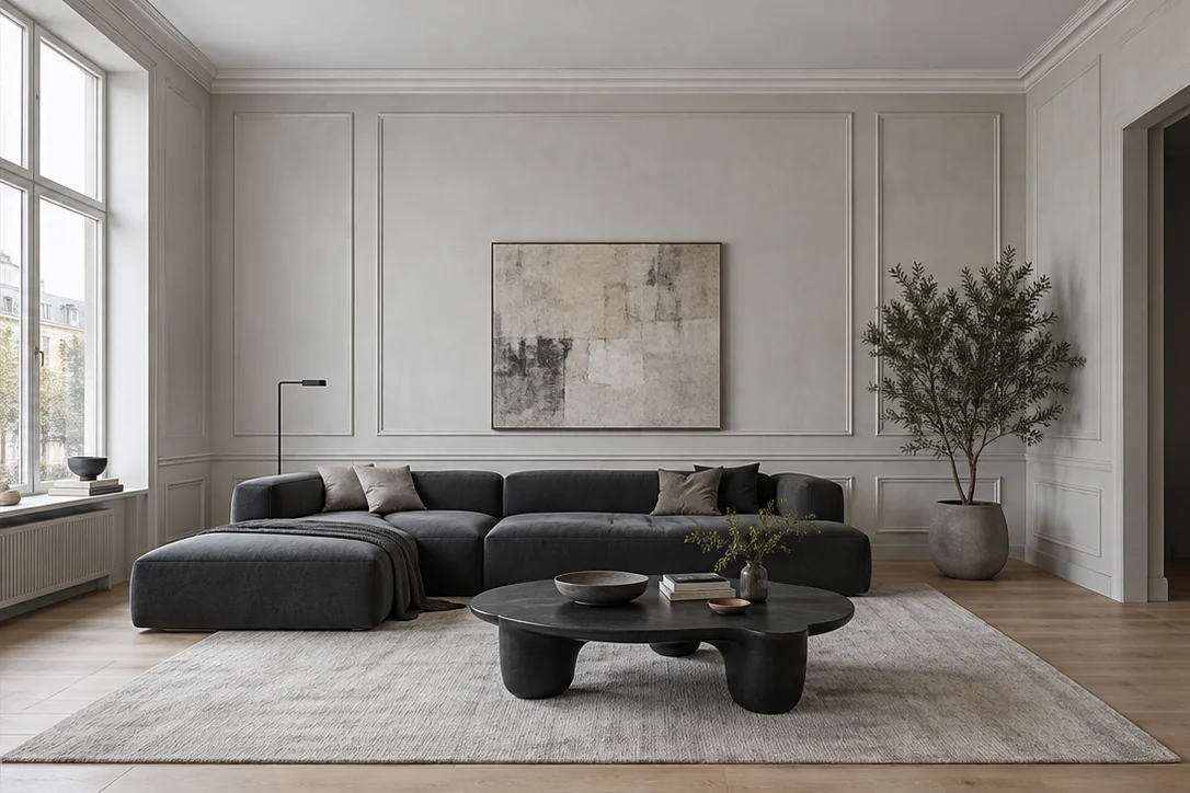 Concept of the same living room with white crown molding and wall details