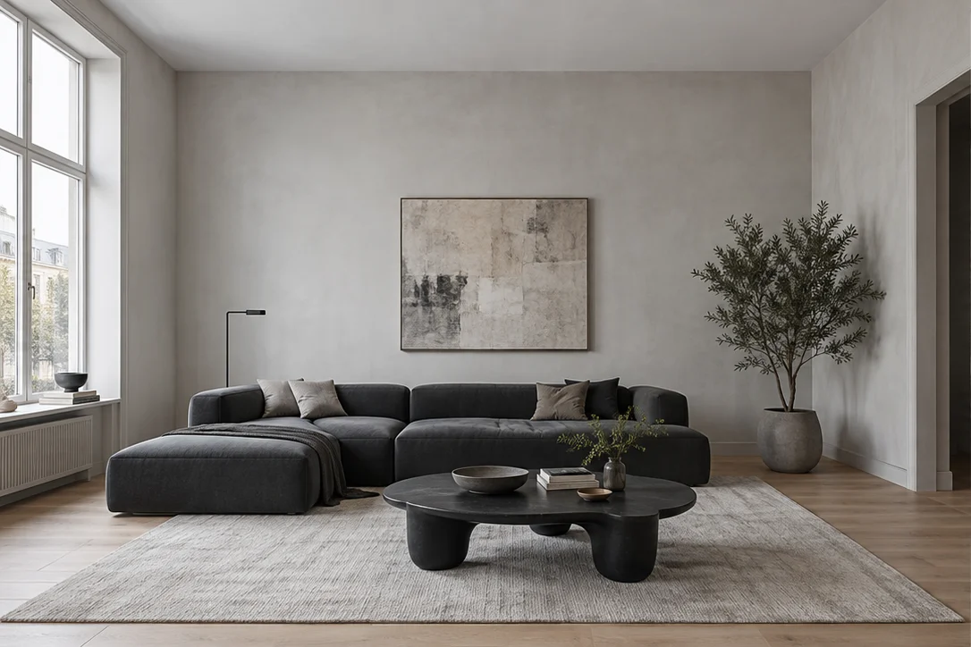 Sample living room with plain walls and no crown molding