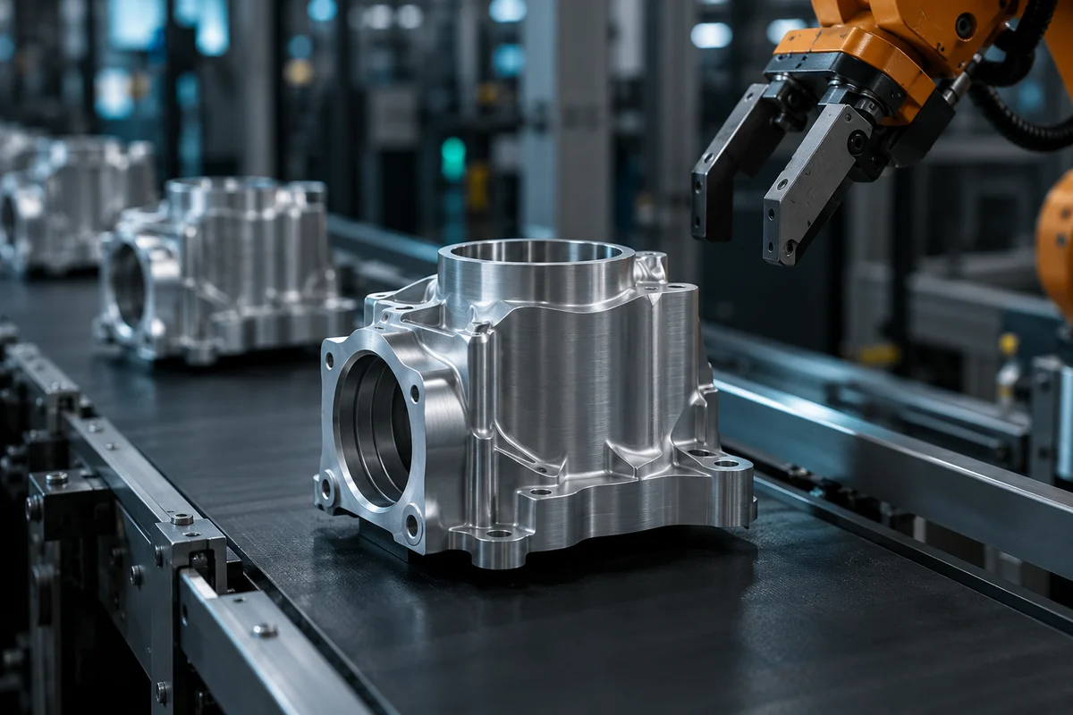 Illustrative machined aluminum part on an inspection conveyor with a robotic gripper