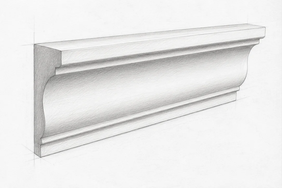 Graphite concept drawing of a curved architectural cornice profile
