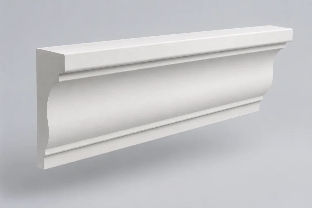 Illustrative three-dimensional render of a curved white crown molding profile
